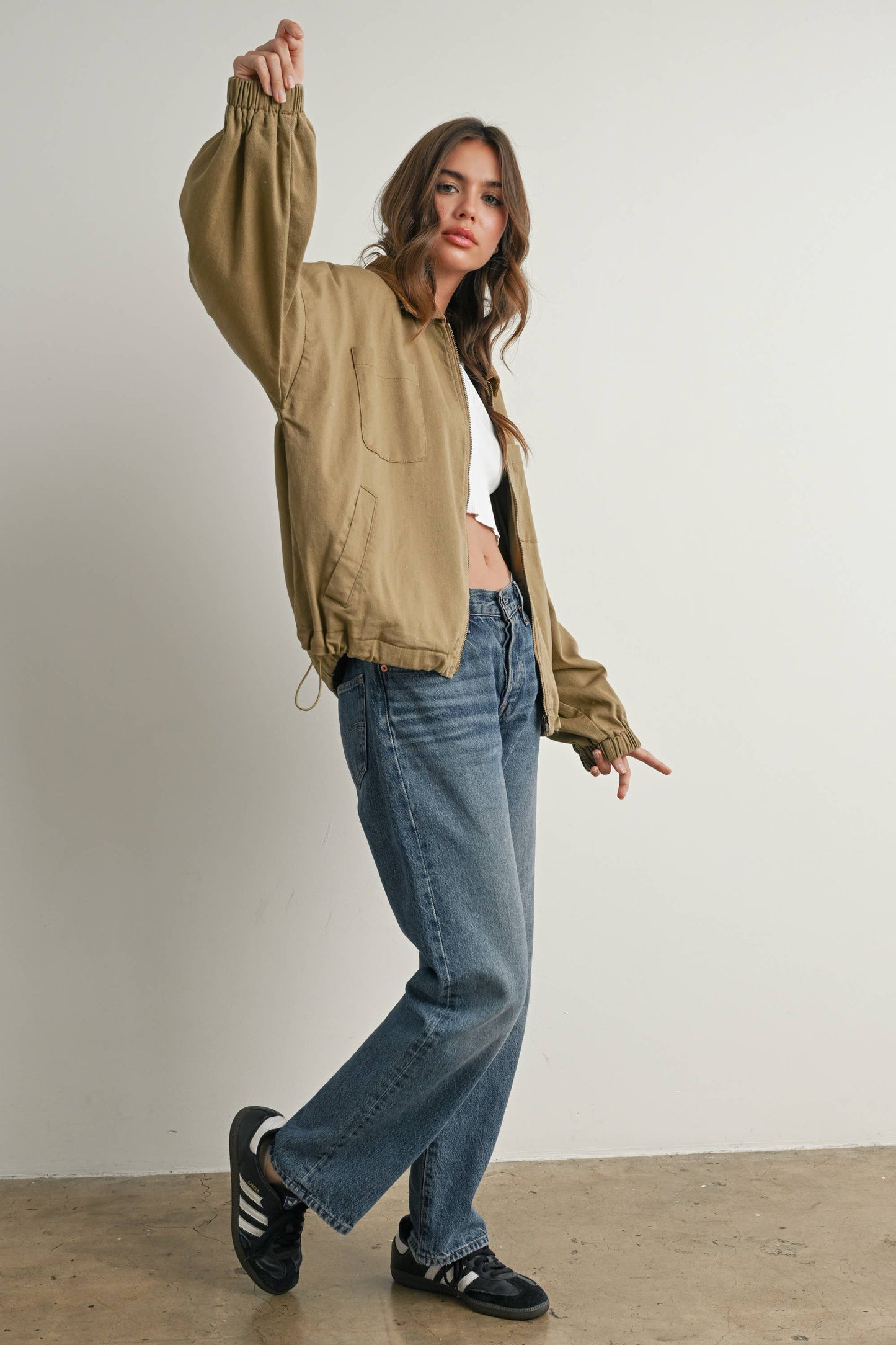 BUTTERMELON - Cord Collar Zip-Front Long Sleeve Jacket - BMJ7780 - KHAKI / L
