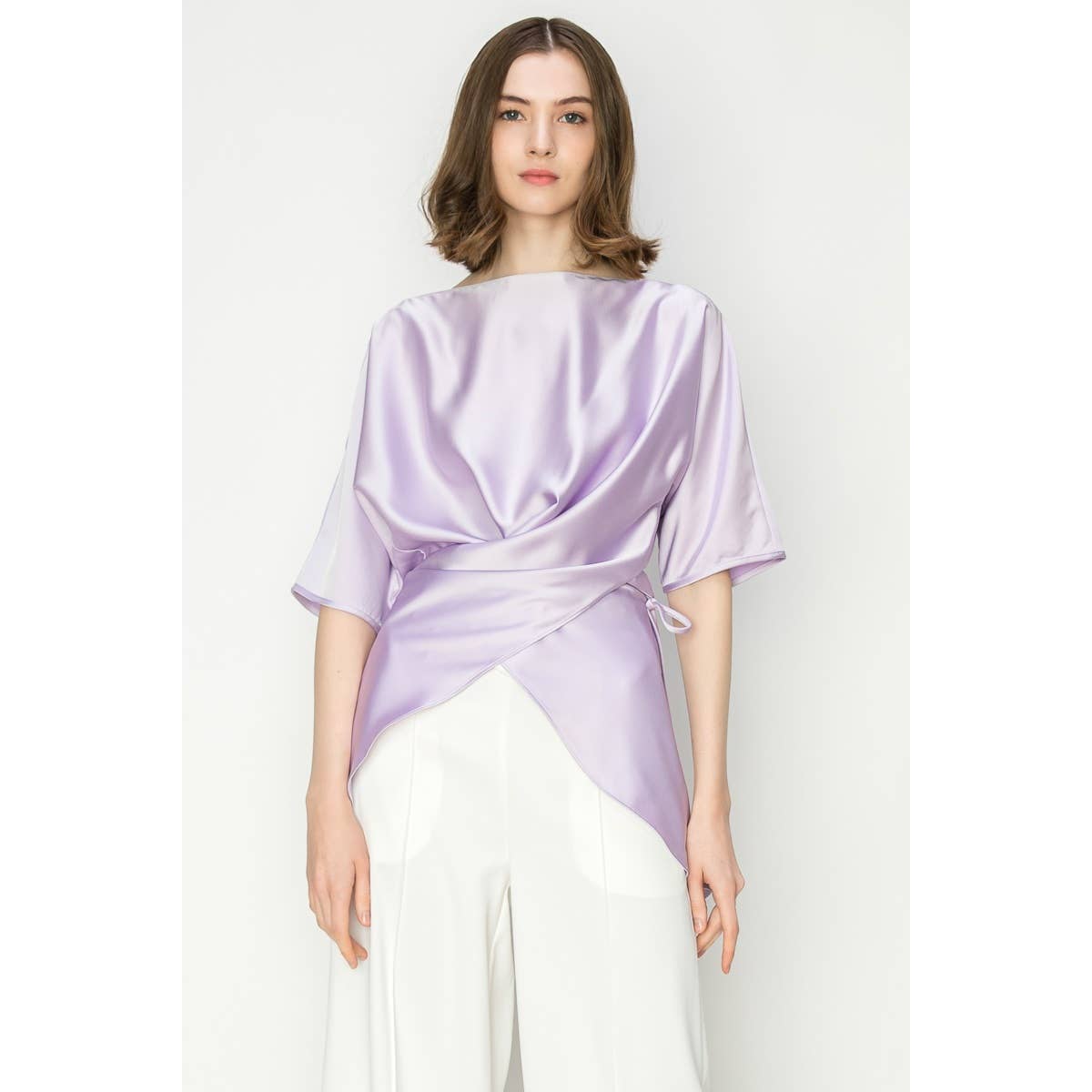 Satin Short Sleeve Side WrapTie Blouse