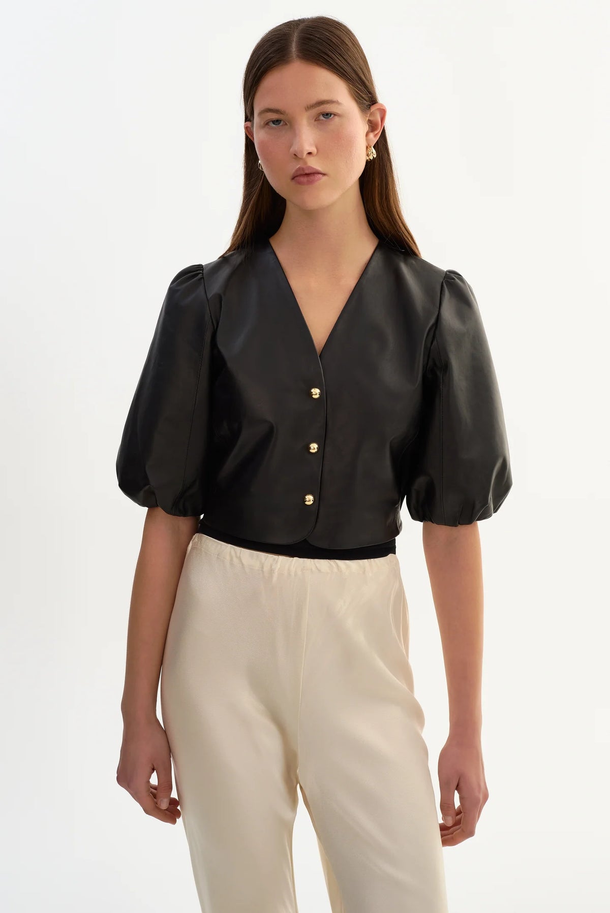 Franka Balloon Sleeve Leather Blouse