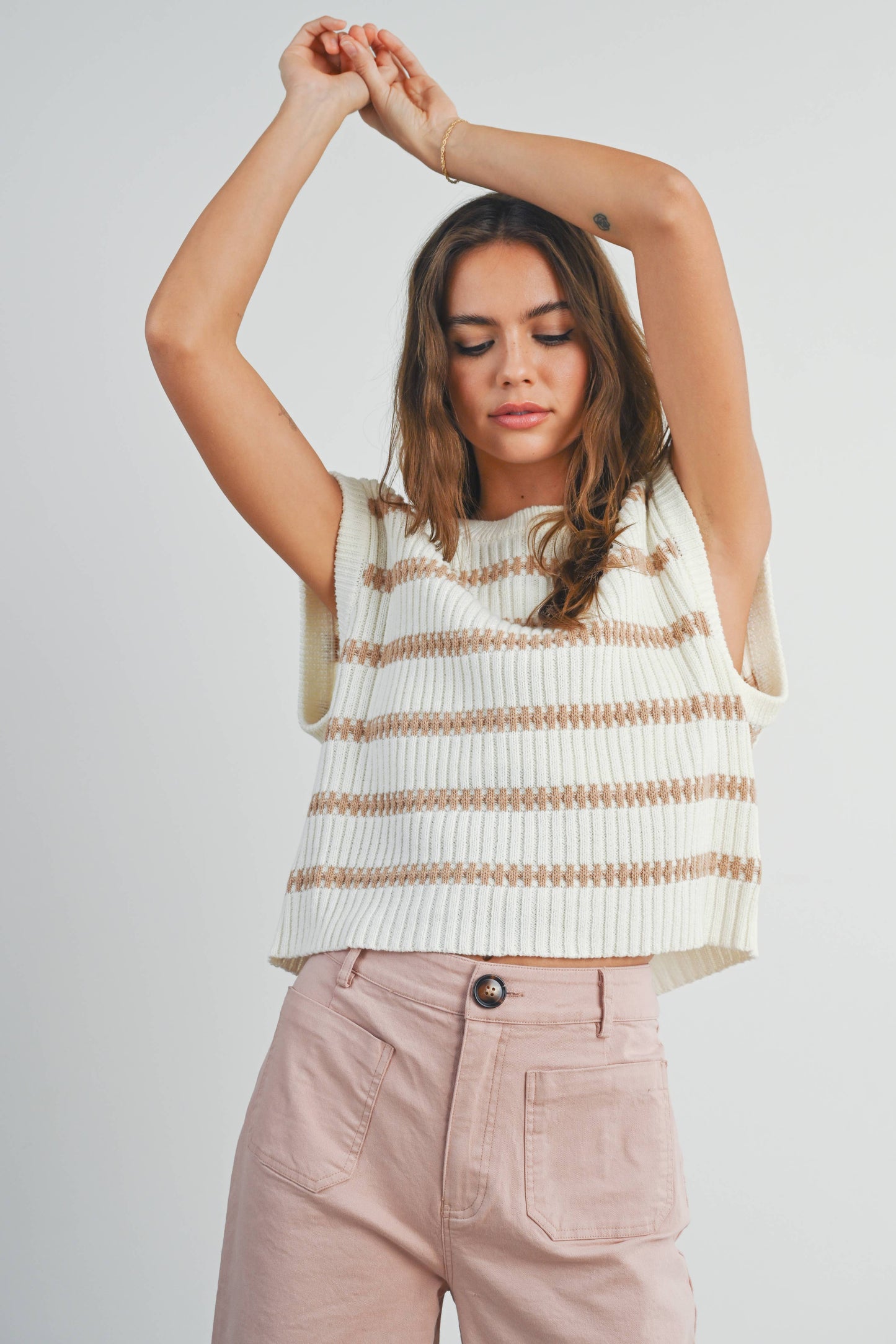 Crew Neck Striped Knit Tank Top