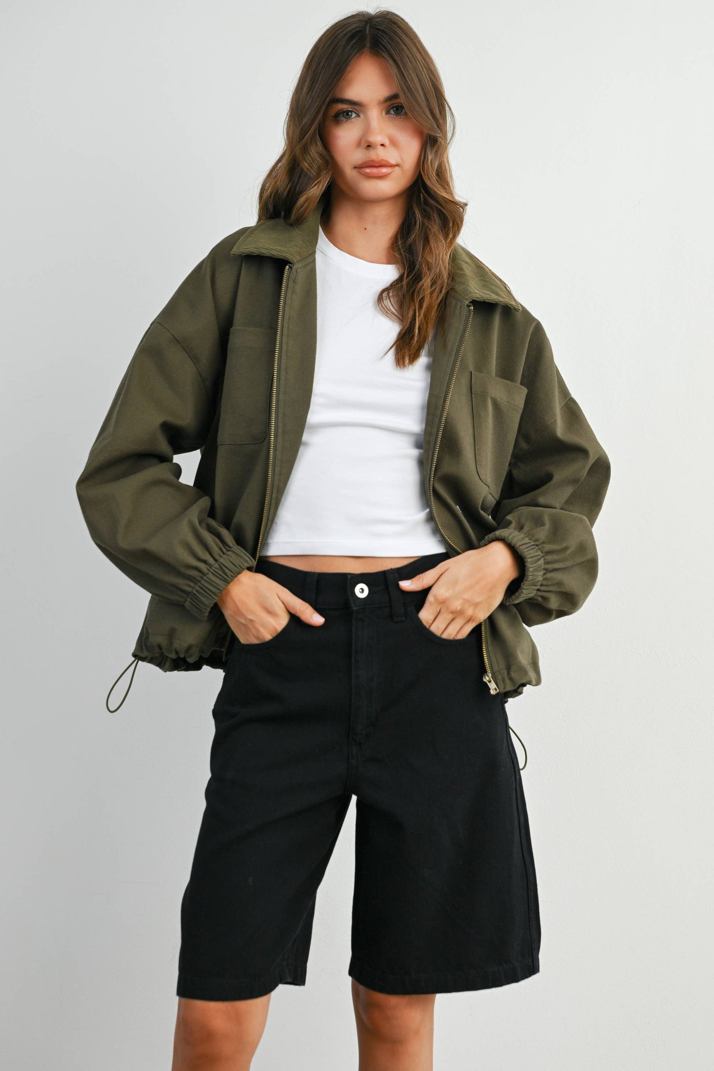 BUTTERMELON - Cord Collar Zip-Front Long Sleeve Jacket - BMJ7780 - KHAKI / S