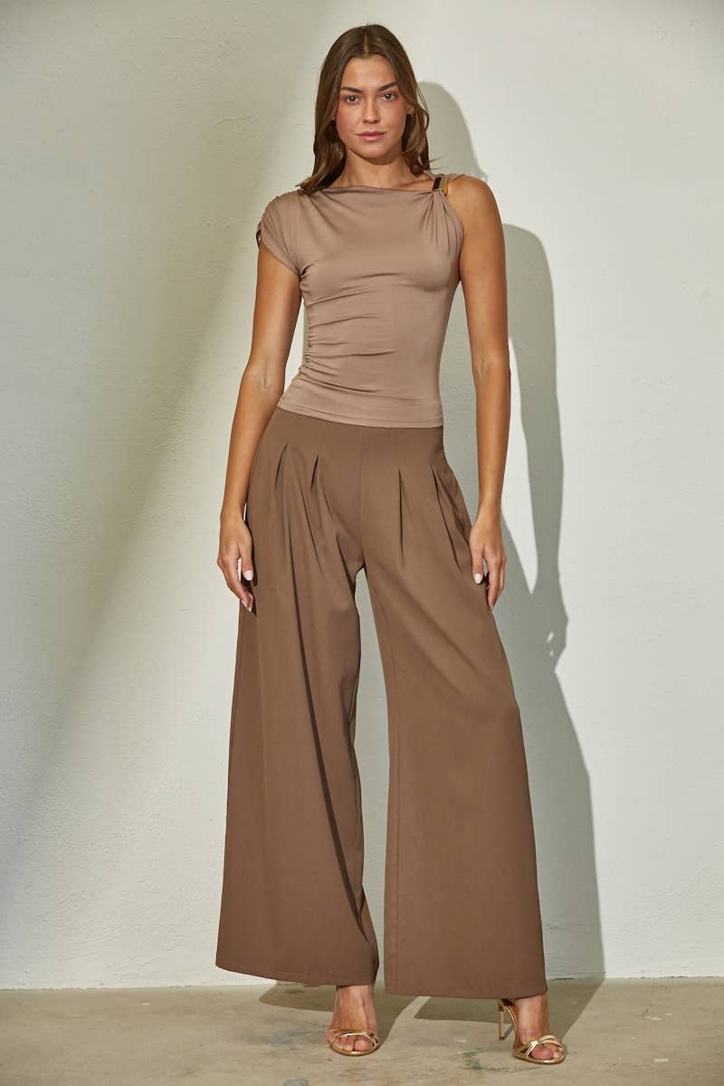 Edit by Nine - Asymmetrical Shoulder Ruched Top with Gold Trim