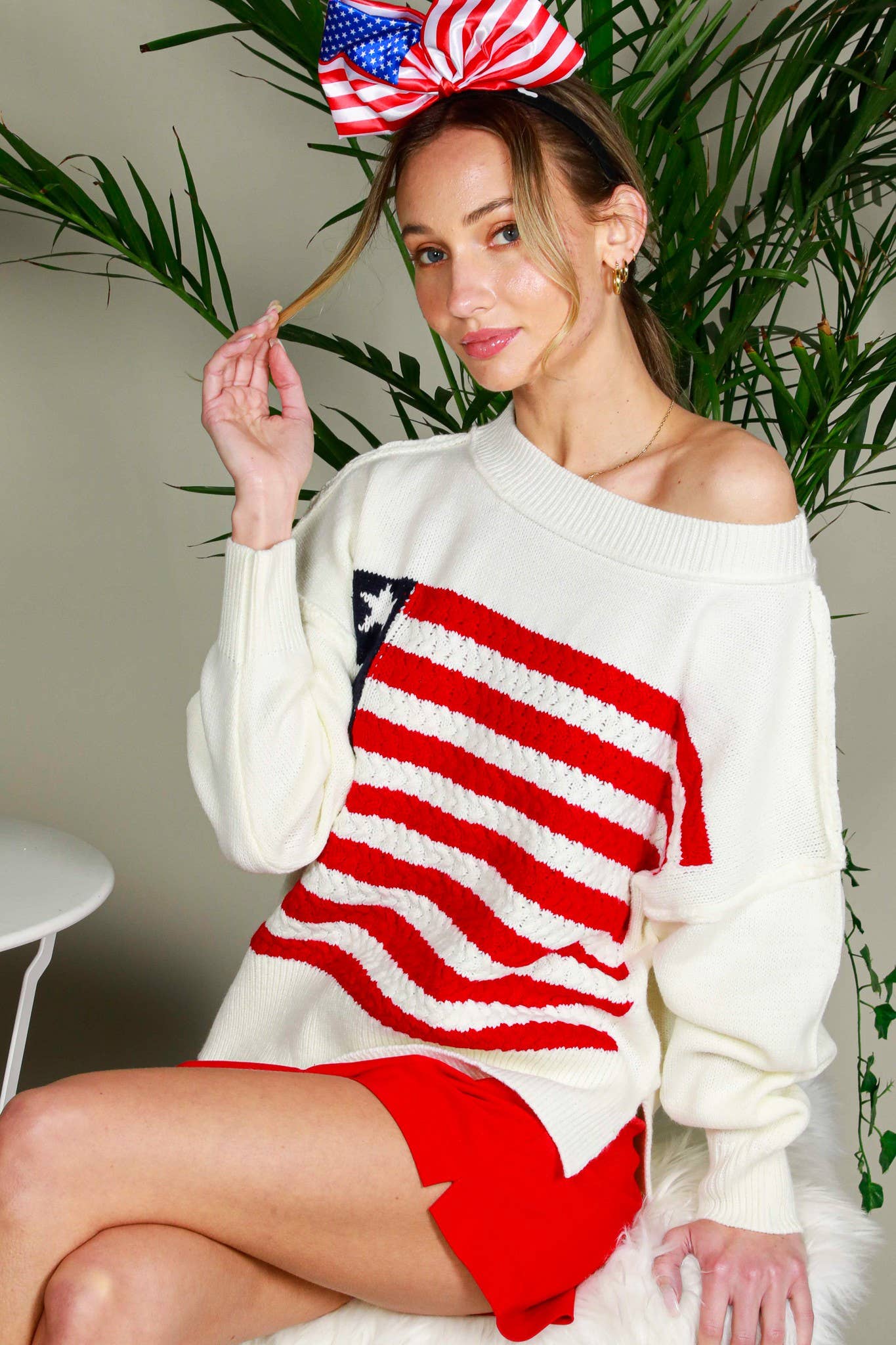 USA Flag Boat Neck Knit Sweater Top VT82059