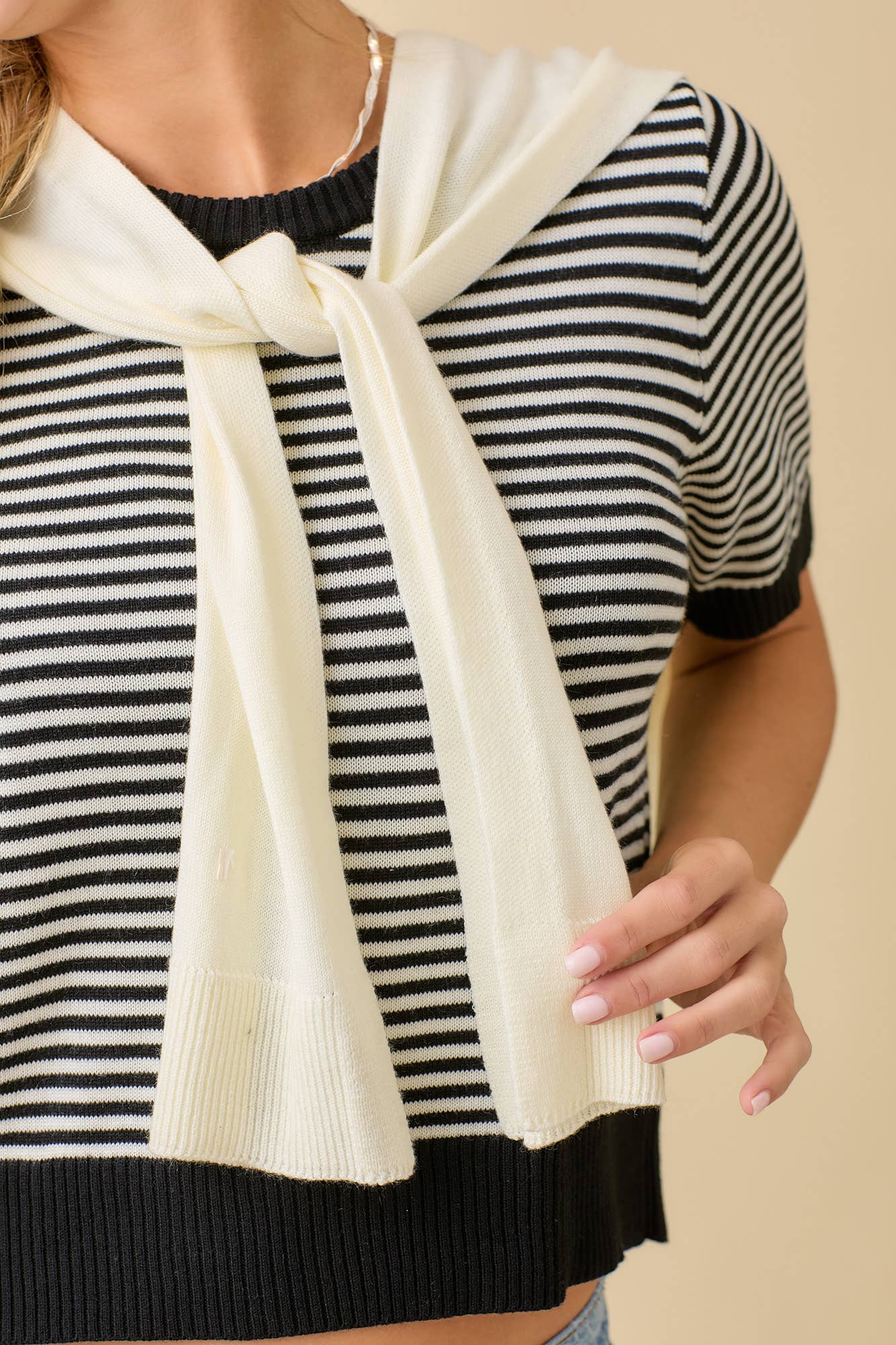Main Strip - Sweater Shawl Wrap Set With Stripe Knit Top