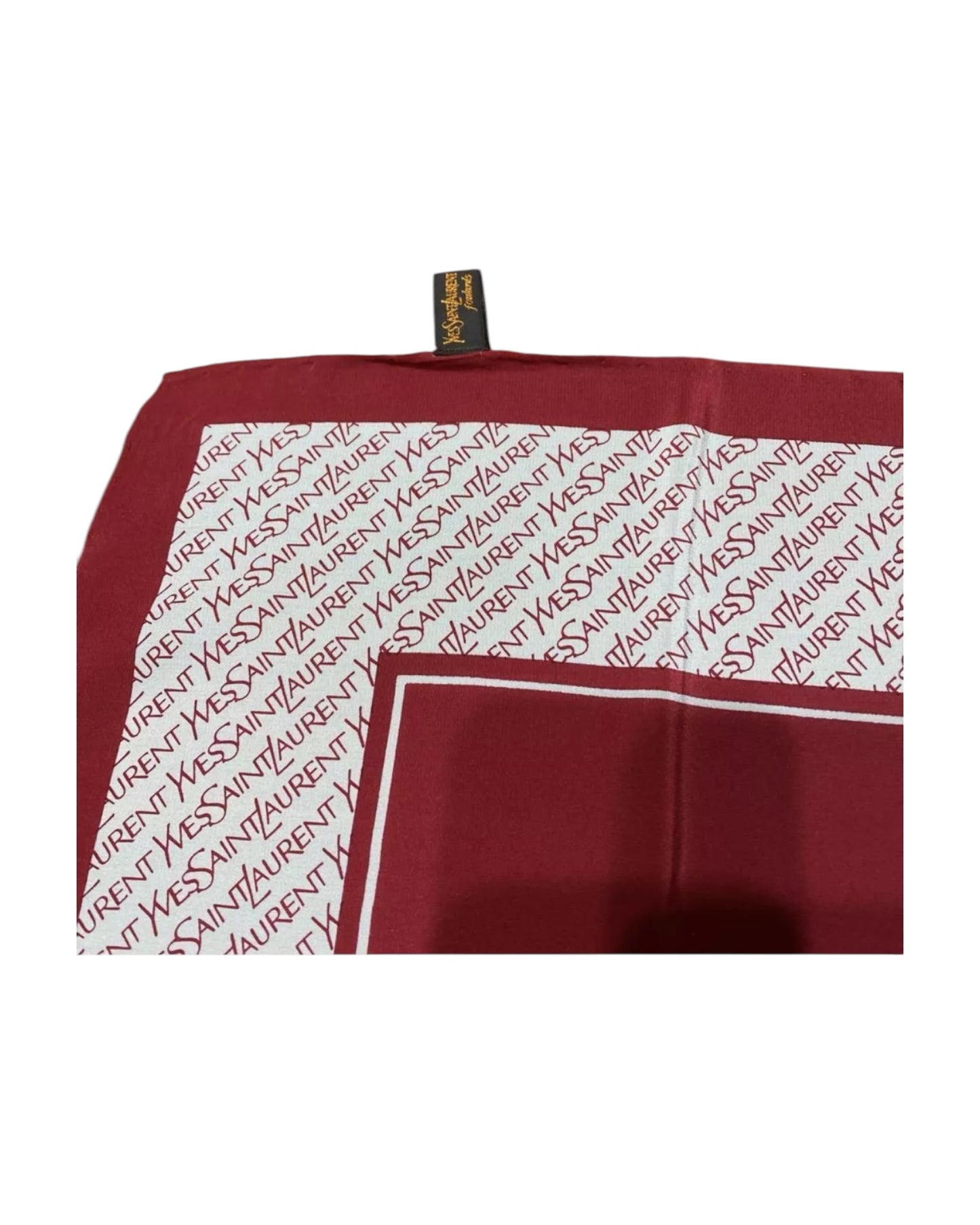 Vintage Yves Saint Laurent Logo Silk Scarf – Deep Red Monogram Border – 26” Square