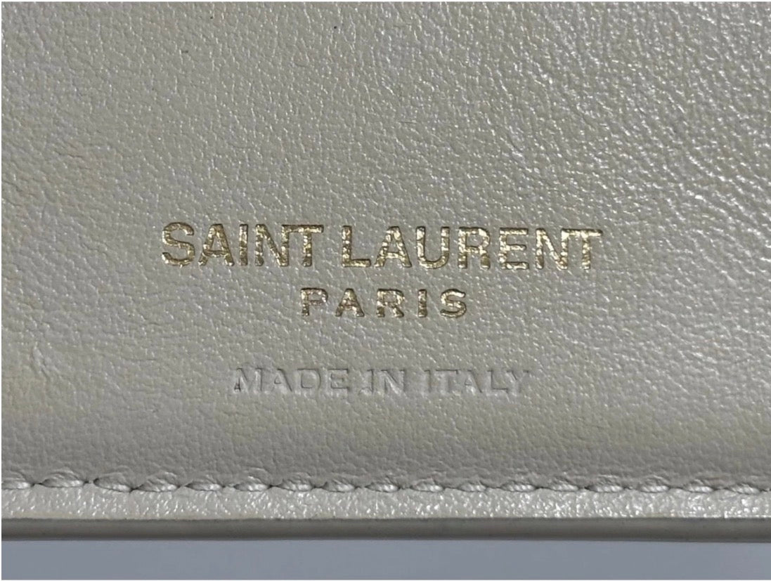 YSL Monogram Compact Wallet – Croc-Embossed Leather in Cream with Gold Hardware