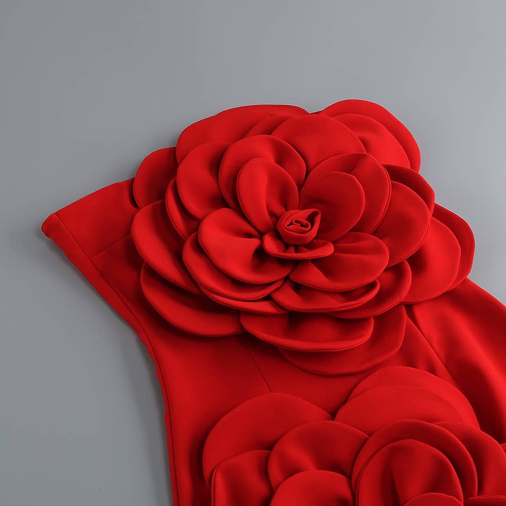 Red 3D Flower Tube Dress - Bold Elegance