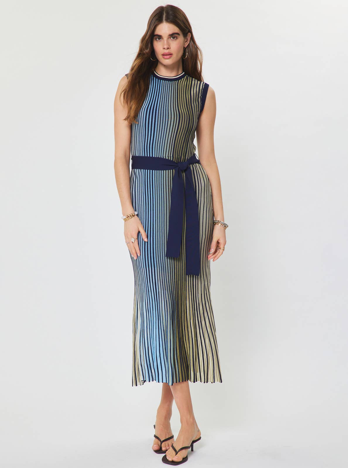 Current Air - Striped Knit Midi Dress - Green Blue Multi / L