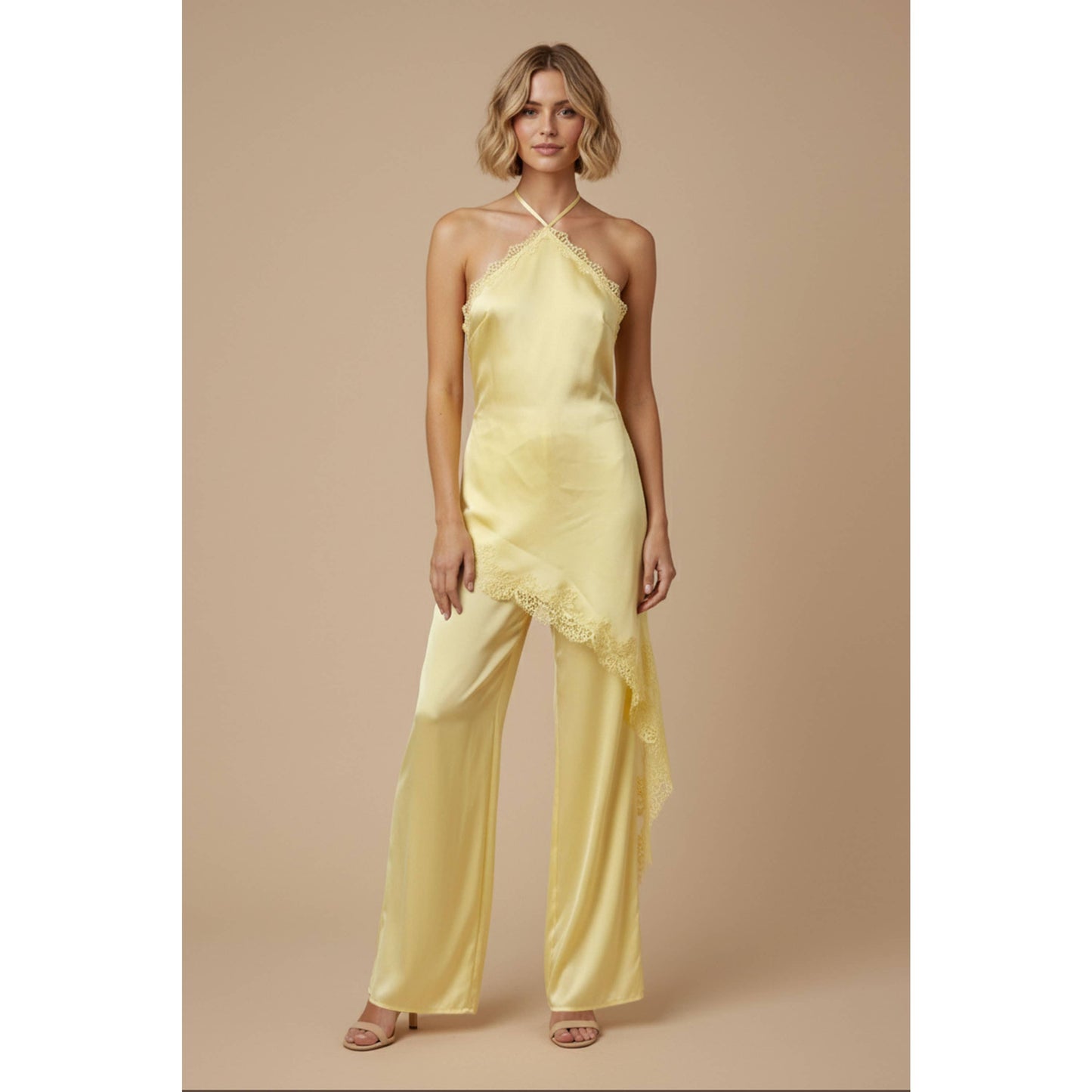 SKYLAR ROSE - Satin Lace Halter Jumpsuit - LIGHT BLUE / L