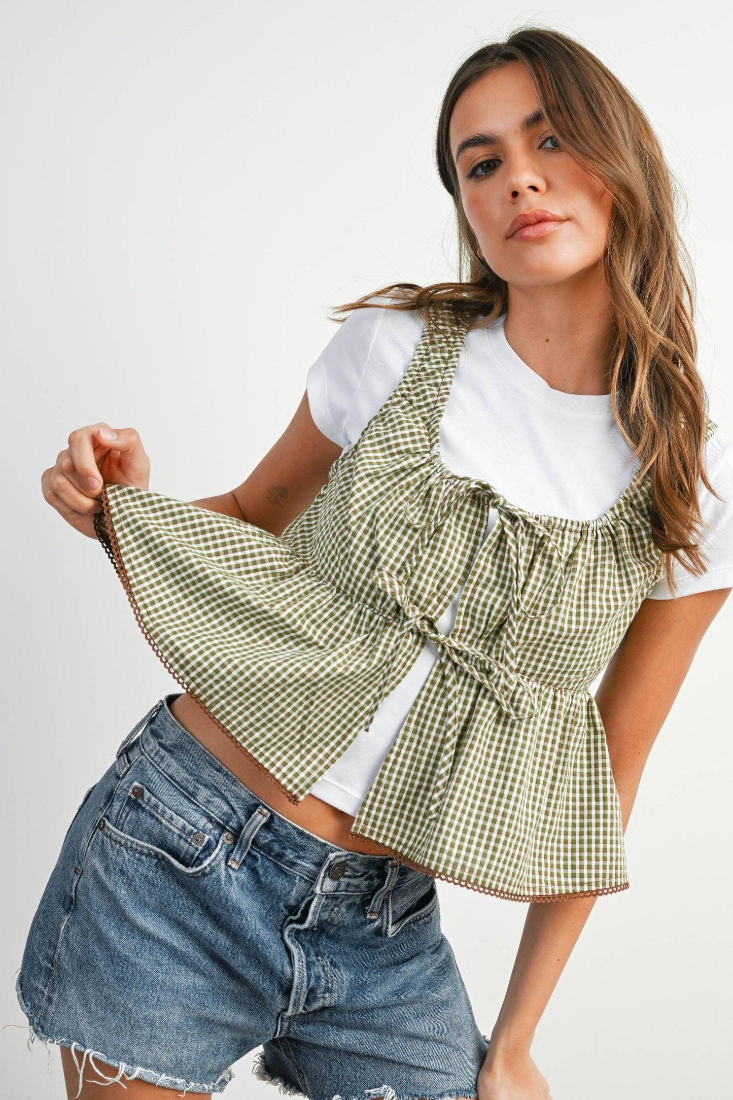 BUTTERMELON - Tie-Front Sleeveless Peplum Top - BMT7875 - BROWN MULTI / L