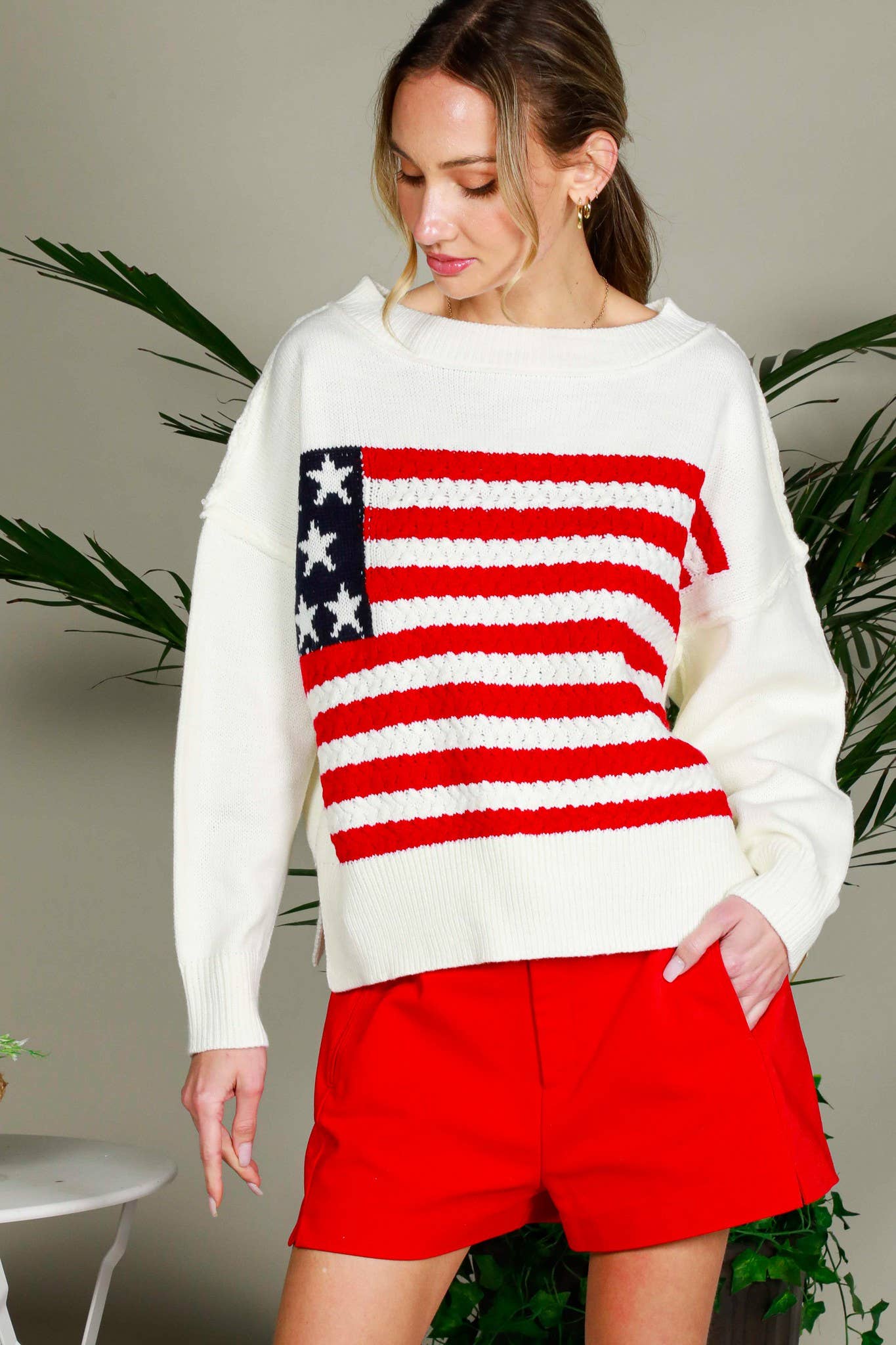 USA Flag Boat Neck Knit Sweater Top VT82059