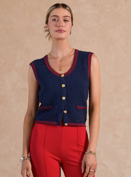 Current Air - Scoop-Neck Button-Up Sweater Vest - Navy Red / S