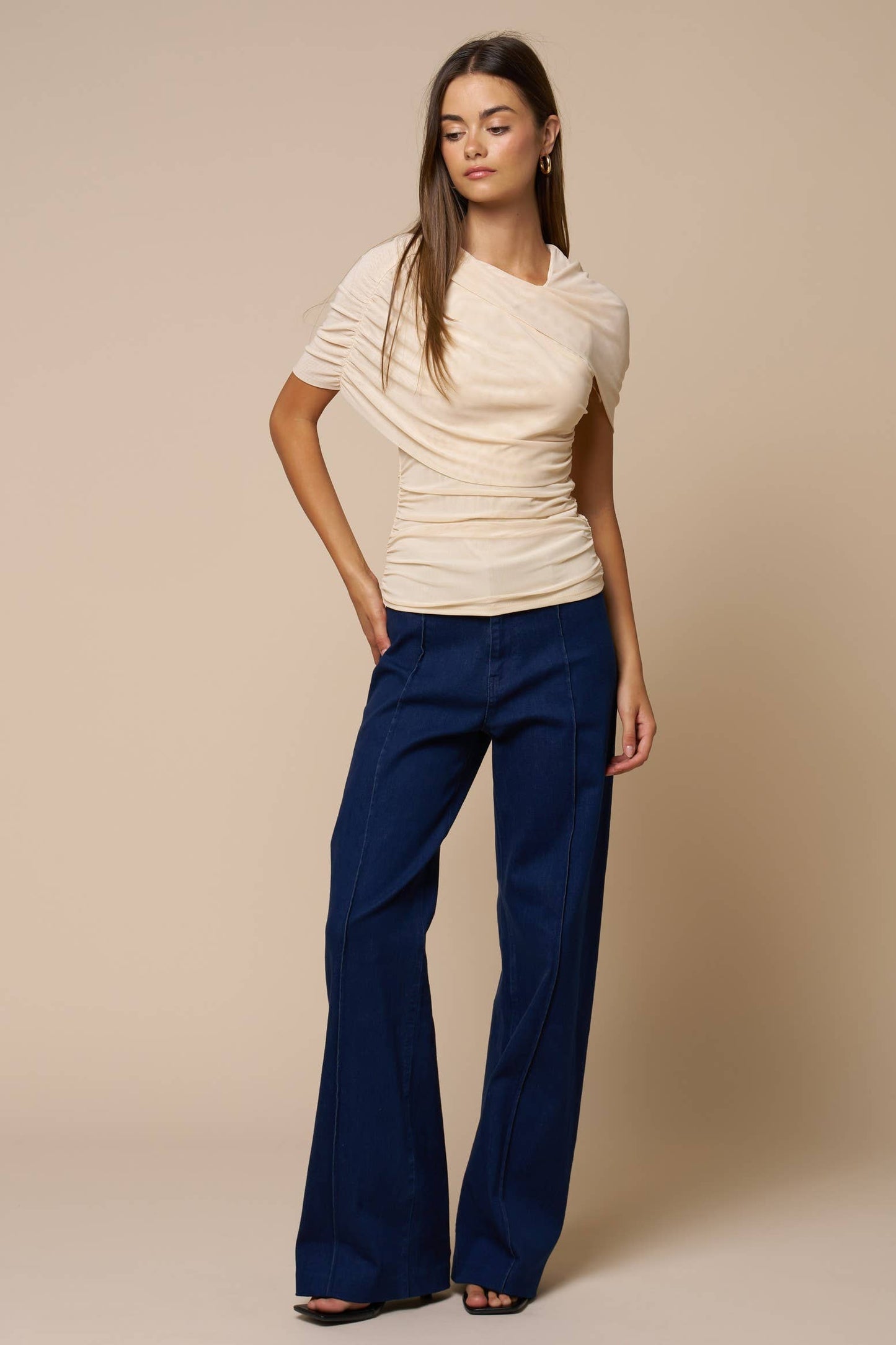 Lalavon - Asymmetrical Ruched Mesh Top  - CHAMBRAY / M