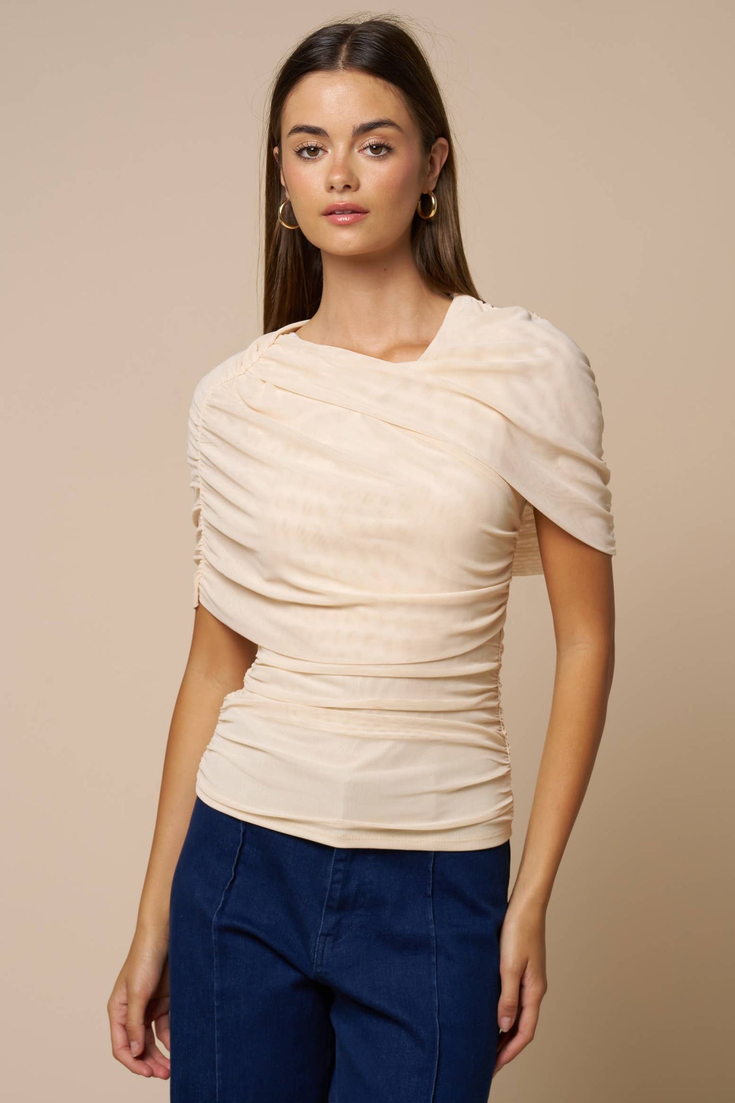 Lalavon - Asymmetrical Ruched Mesh Top  - CHAMBRAY / M