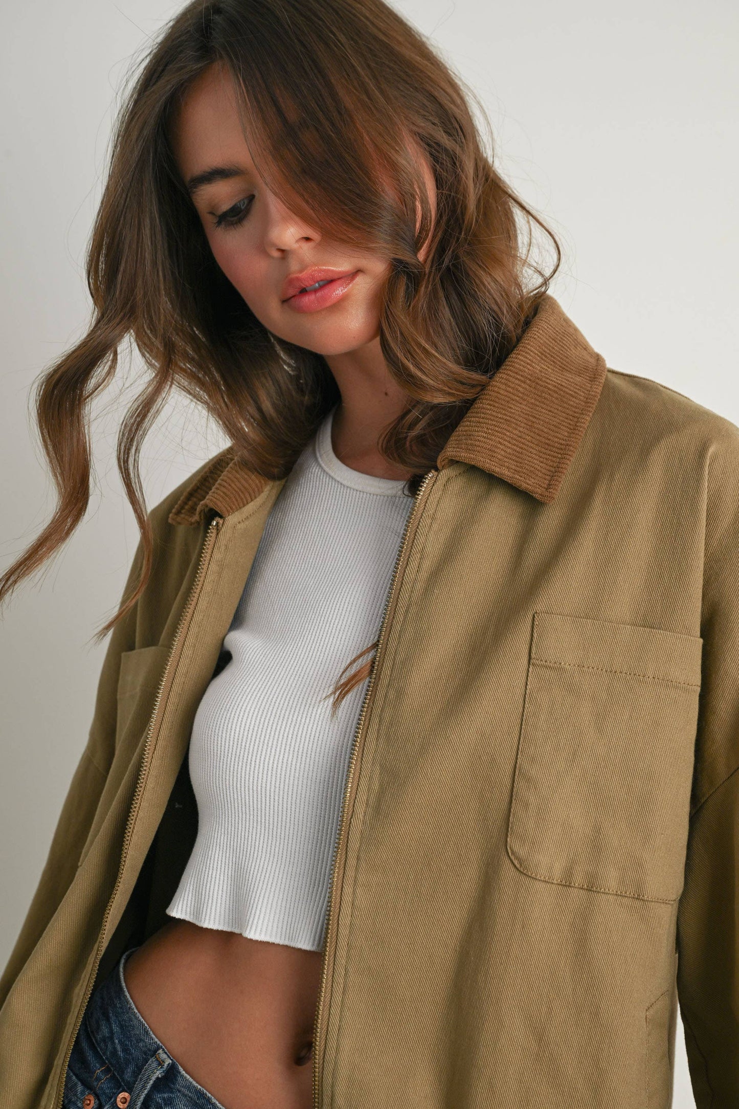 BUTTERMELON - Cord Collar Zip-Front Long Sleeve Jacket - BMJ7780 - KHAKI / L