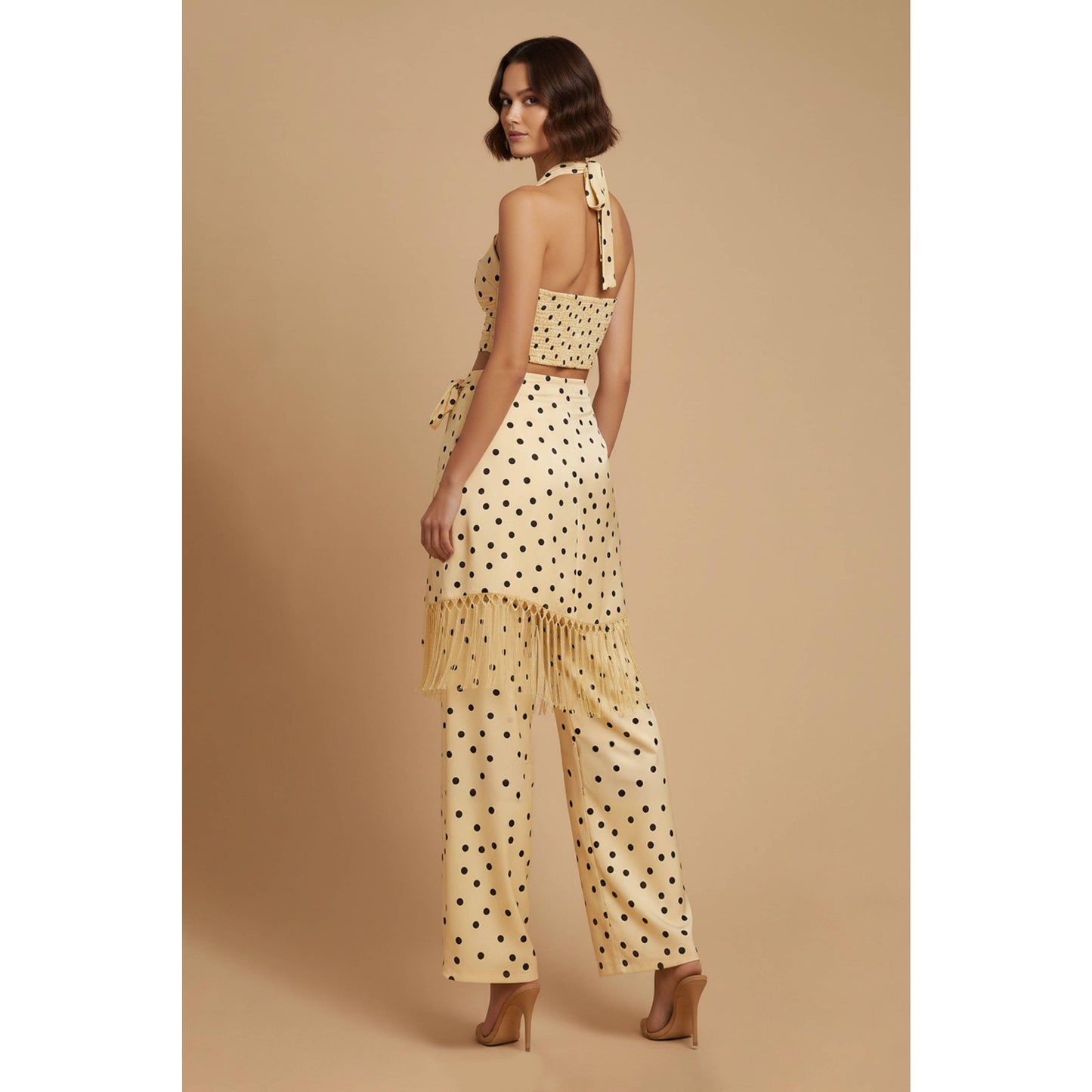 SKYLAR ROSE - Polka Dot Halter Top and Fringe Pants Set - YELLOW COMBO / S
