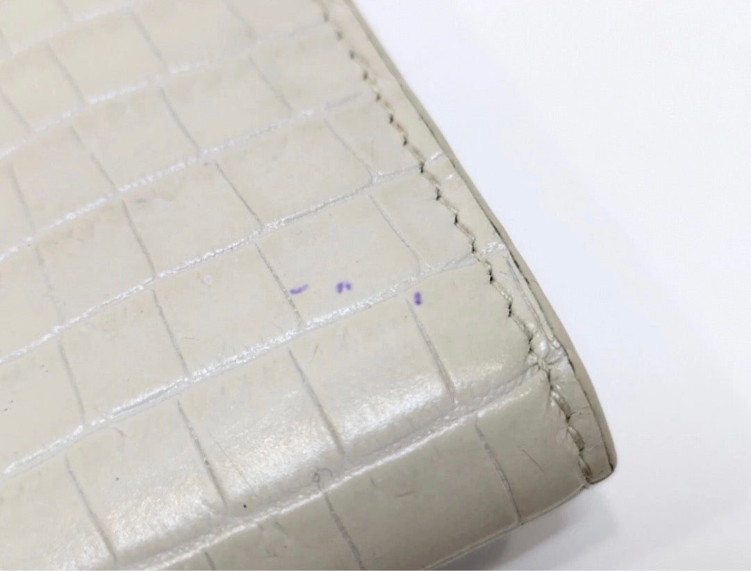 YSL Monogram Compact Wallet – Croc-Embossed Leather in Cream with Gold Hardware