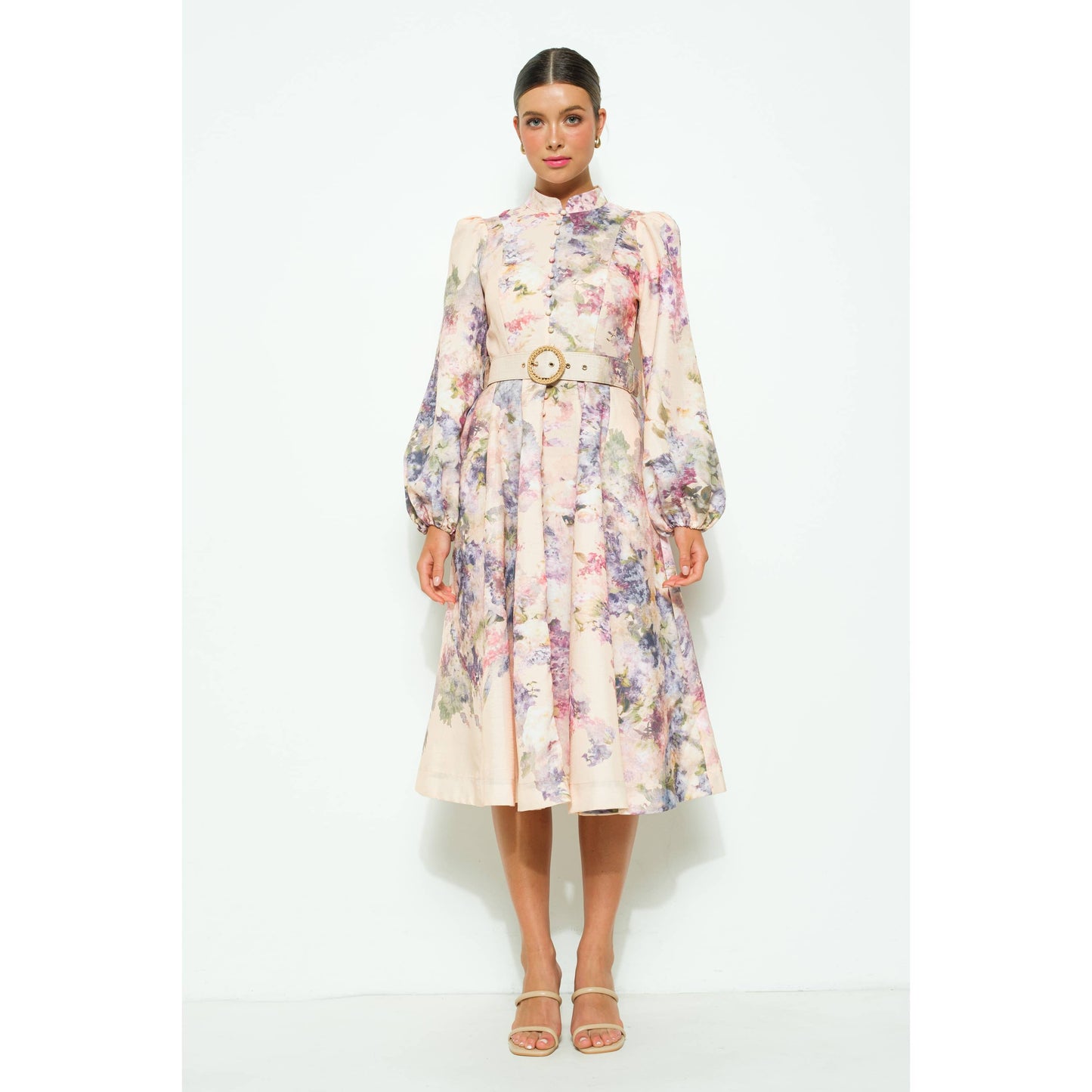 Long Sleeves Floral Print Belted-Waist Midi Dressy