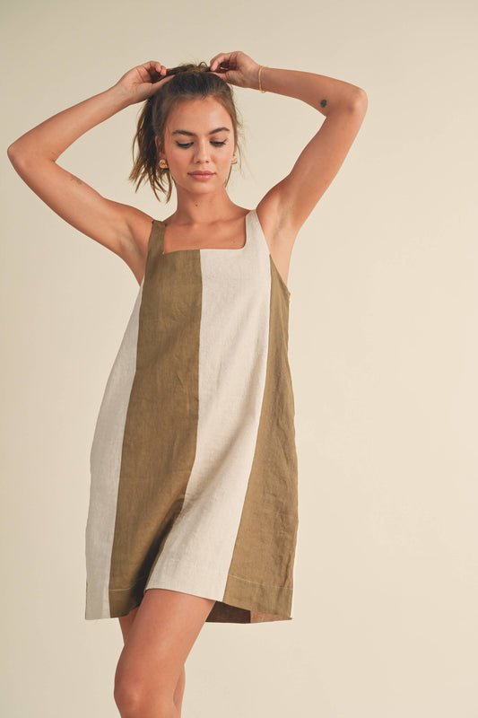 MIOU MUSE - D3367   COLOR BLOCK LINEN MINI DRESS