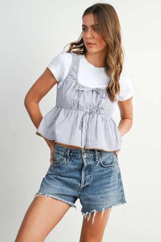 BUTTERMELON - Tie-Front Sleeveless Peplum Top - BMT7875 - BROWN MULTI / L