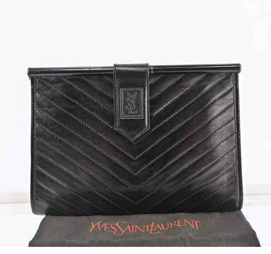 Yves Saint Laurent YSL Black Chevron Leather Clutch Bag