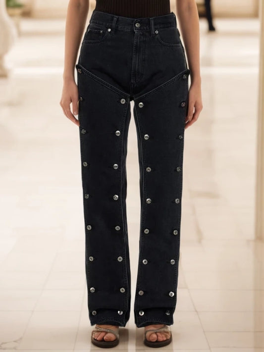 Button Denim Trouser For Women High Waist Jeans Spliced Pocket