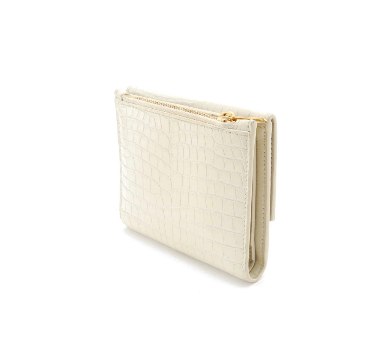 YSL Monogram Compact Wallet – Croc-Embossed Leather in Cream with Gold Hardware