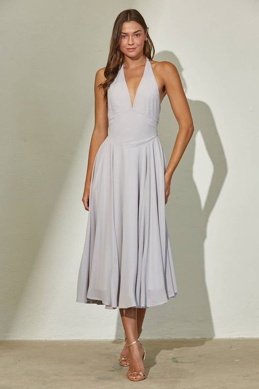 Plunge Neckline Halter Flare Chiffon Midi Dress