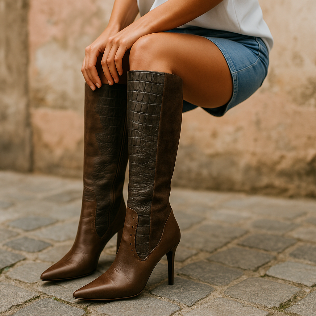 Modern Vintage Rebecca Brown Croc-Embossed Leather Knee-High Boots – Size 9