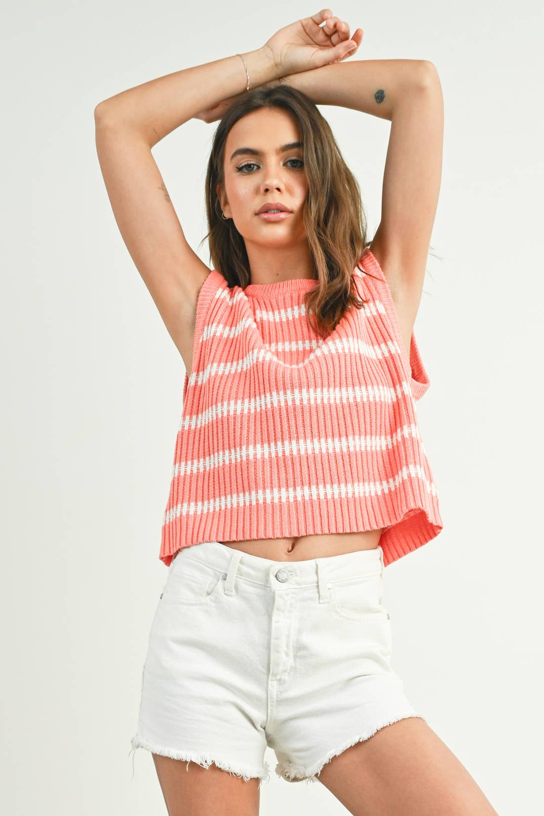 Crew Neck Striped Knit Tank Top