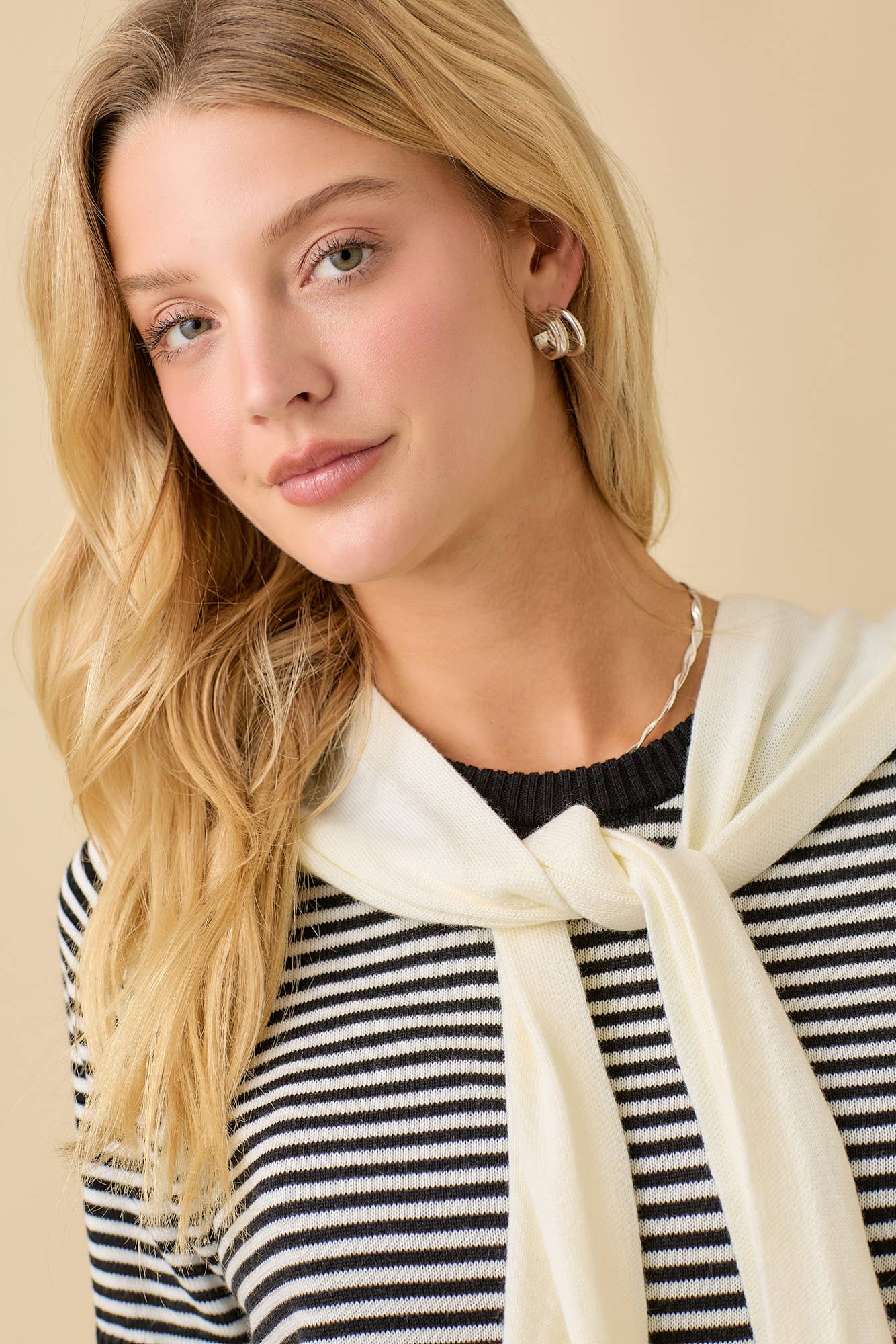 Main Strip - Sweater Shawl Wrap Set With Stripe Knit Top