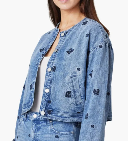 HABITUAL COLLARLESS EMBROIDERED DENIM JACKET