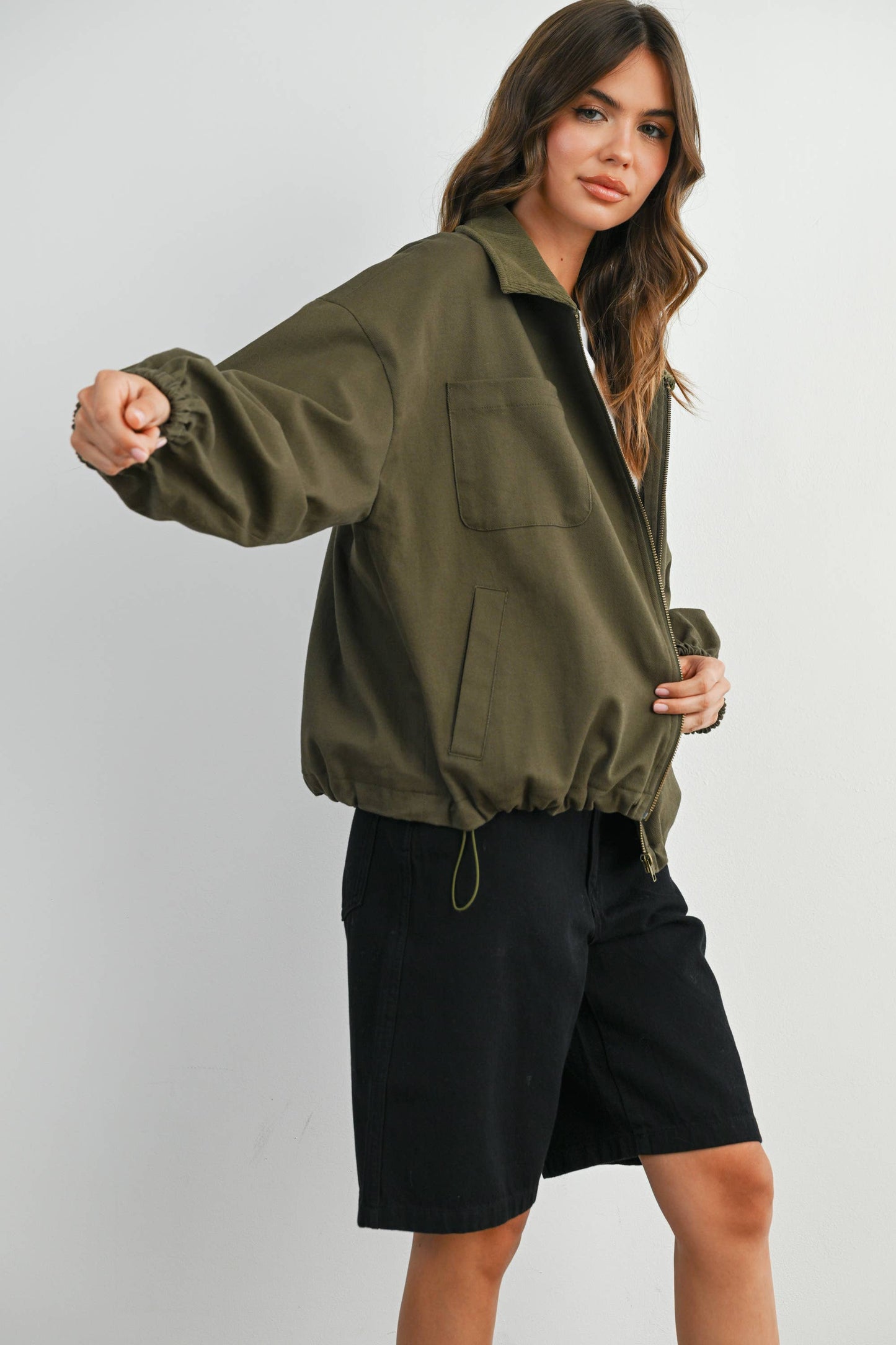 BUTTERMELON - Cord Collar Zip-Front Long Sleeve Jacket - BMJ7780 - KHAKI / L