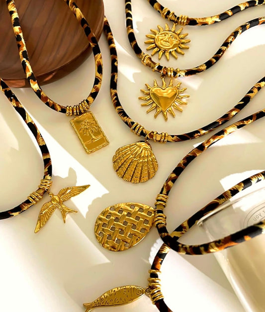 Tropical Gold Pendant Leopard-Print Cord Necklaces