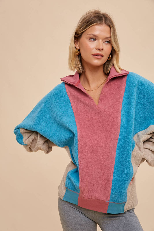 In Loom - COLOR BLOCK PANELED FLEECE PULLOVER
