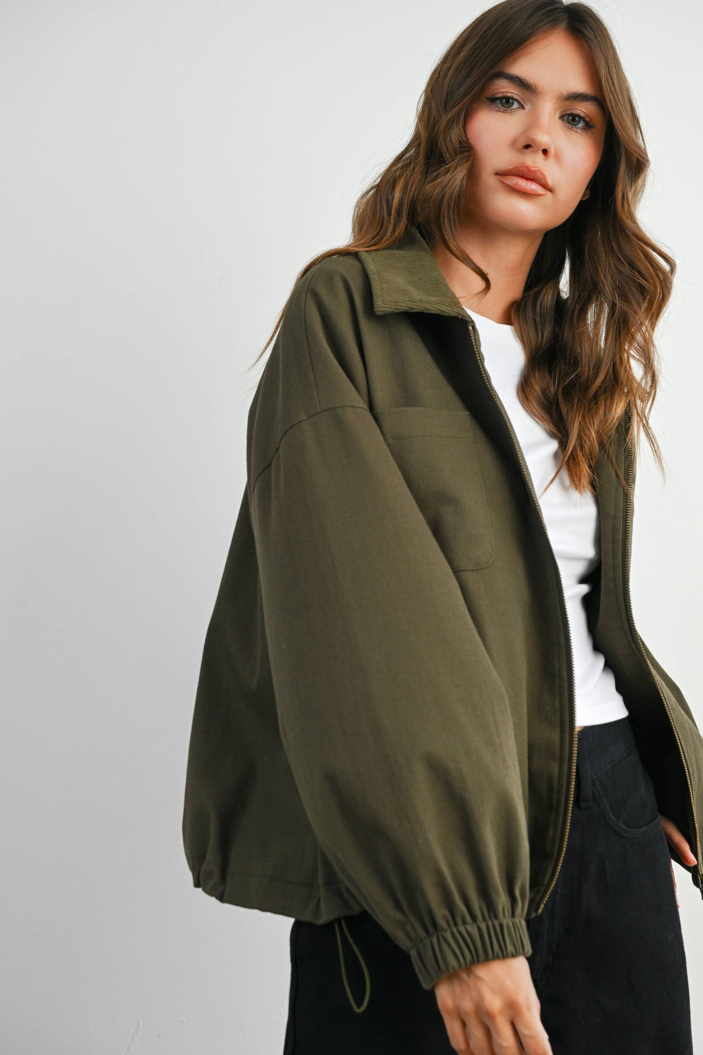 BUTTERMELON - Cord Collar Zip-Front Long Sleeve Jacket - BMJ7780 - KHAKI / L