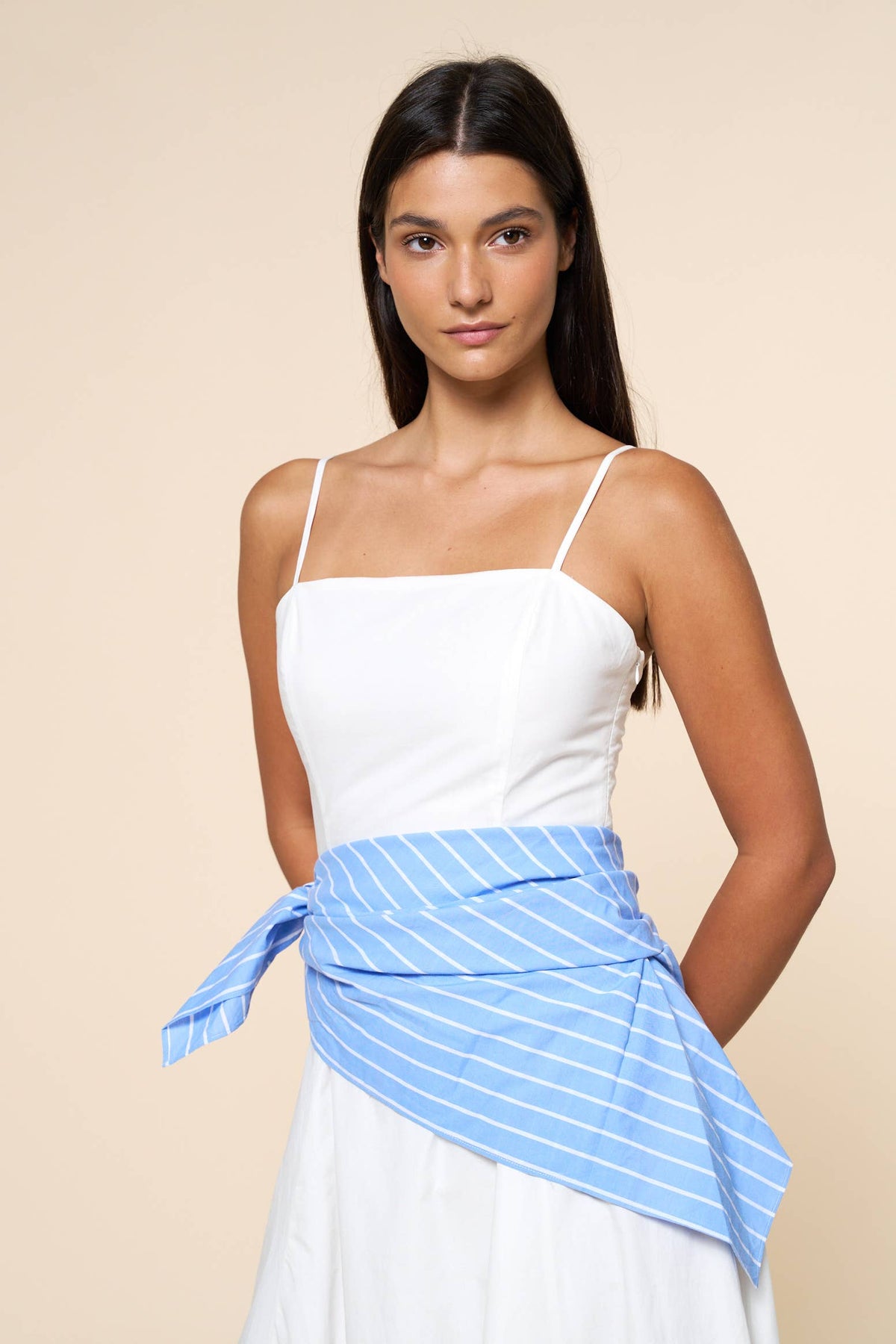 Lalavon - Stripe Waist Bandana Sleeveless Tie Maxi Dress  - OFF WHITE / S