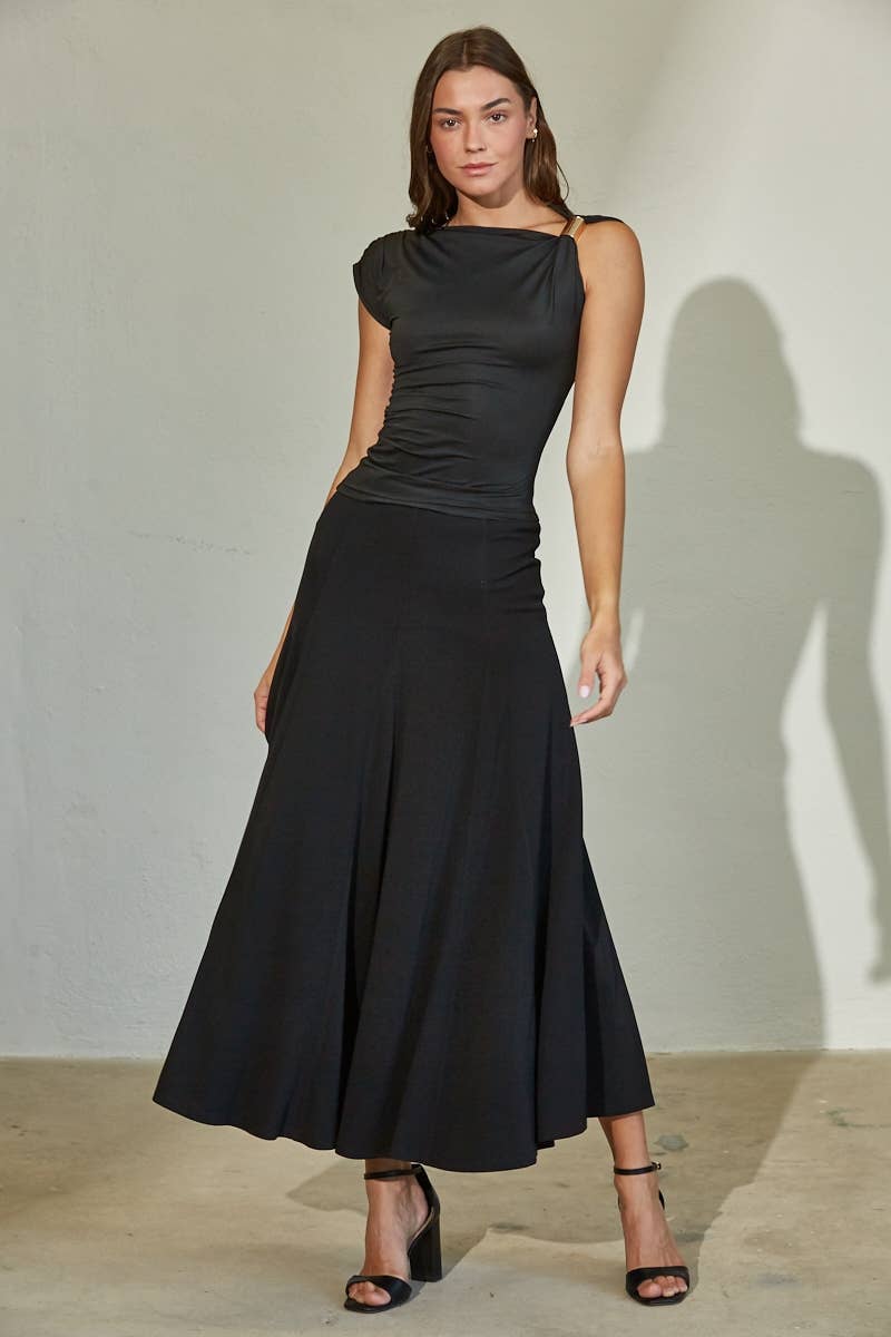Edit by Nine - Asymmetrical Shoulder Ruched Top with Gold Trim