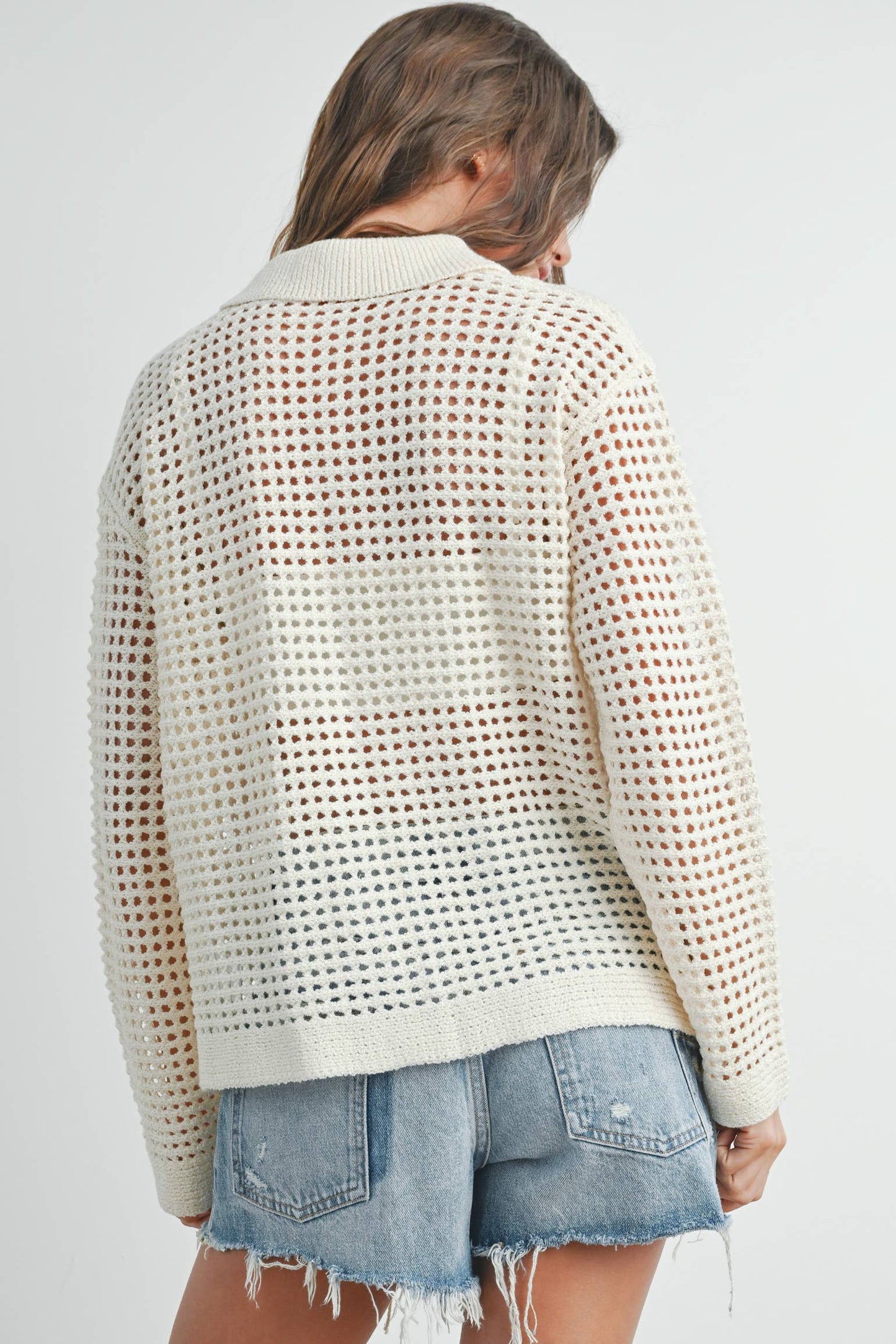 BUTTERMELON - Open Stitch Crochet Collar Cardigan - BMW7465 - Ivory / S