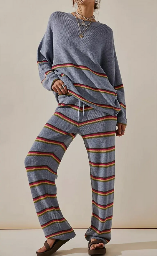 Long-sleeved striped trousers two-piece set