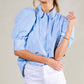 Collared Neckline Puff Sleeve Stripe Print Blouse Top