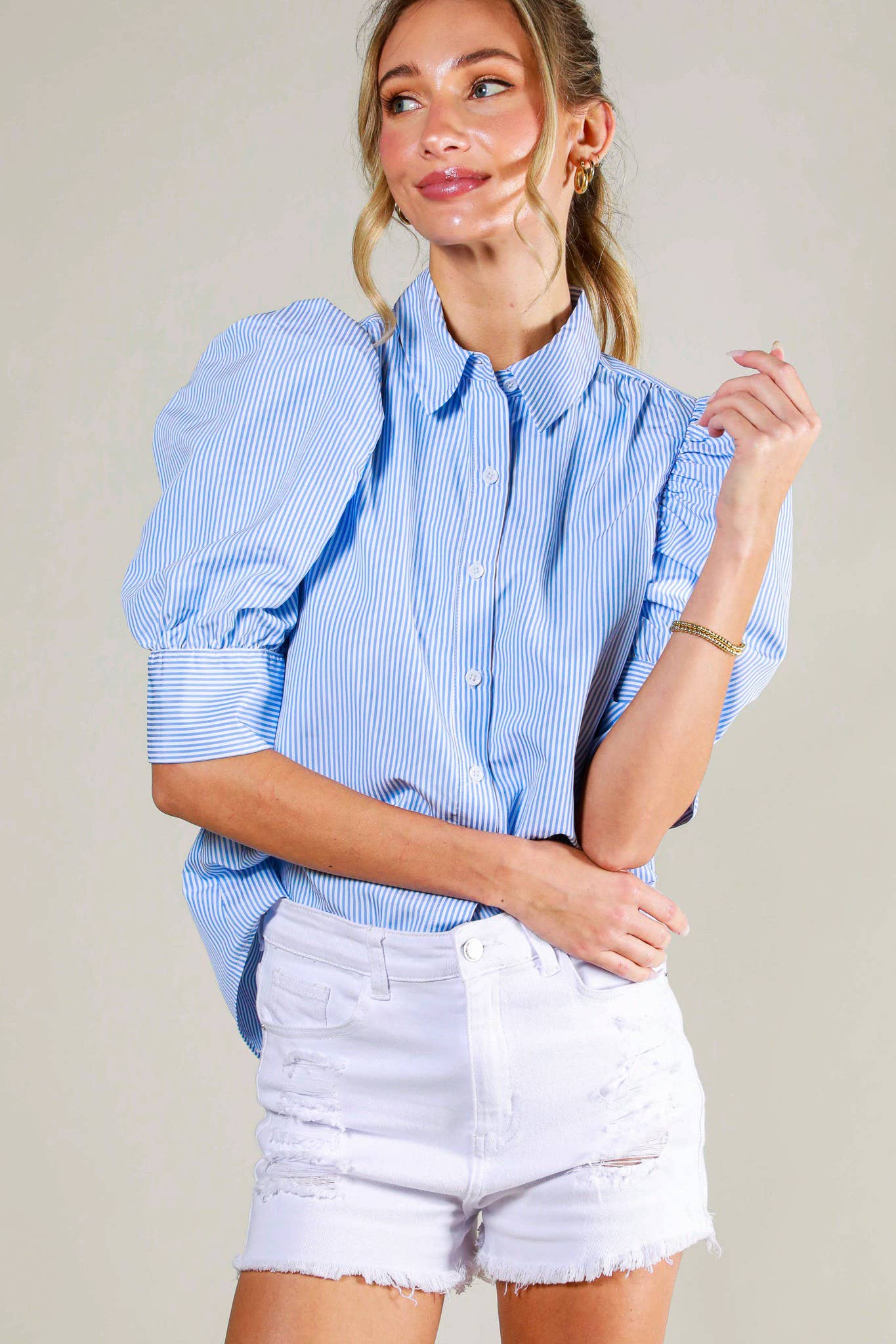 Collared Neckline Puff Sleeve Stripe Print Blouse Top