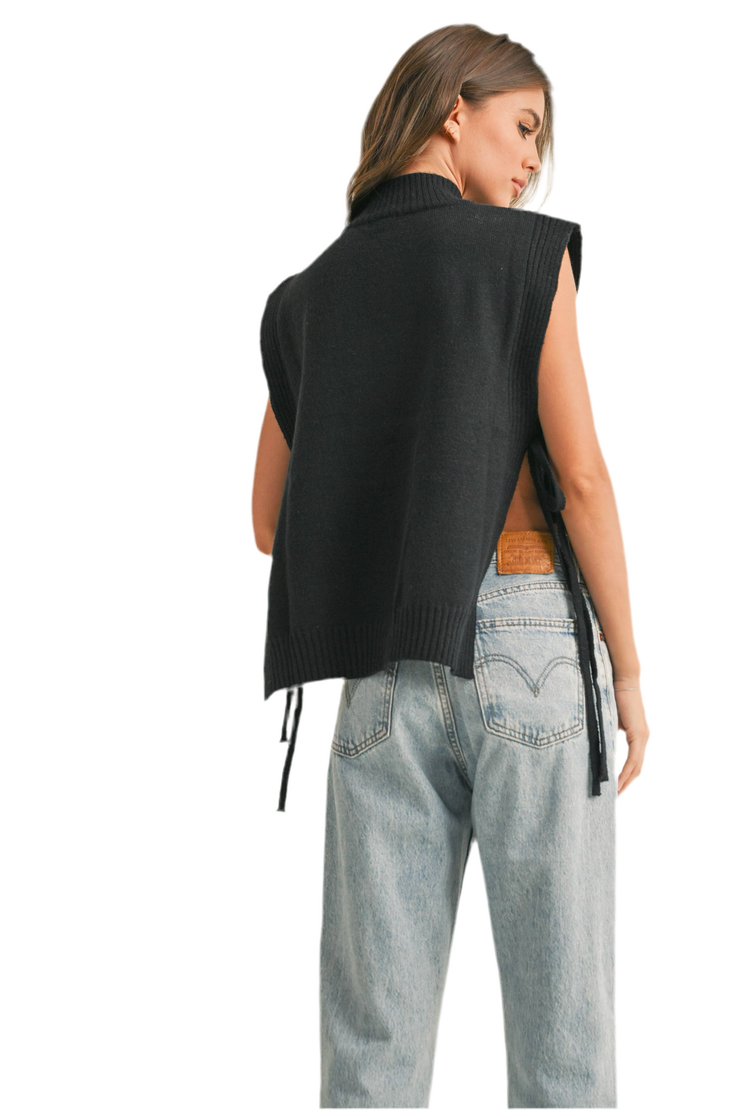 Miou Muse Mock Neck Sweater Vest with Side Tie