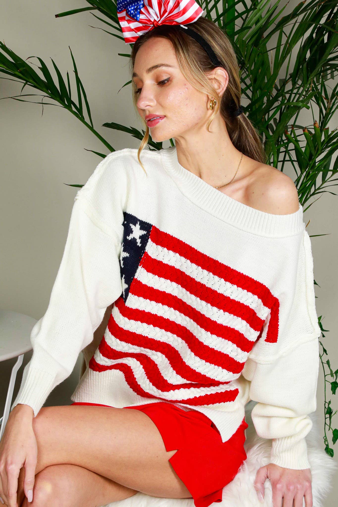 USA Flag Boat Neck Knit Sweater Top VT82059