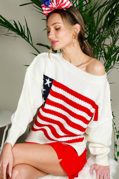 USA Flag Boat Neck Knit Sweater Top VT82059
