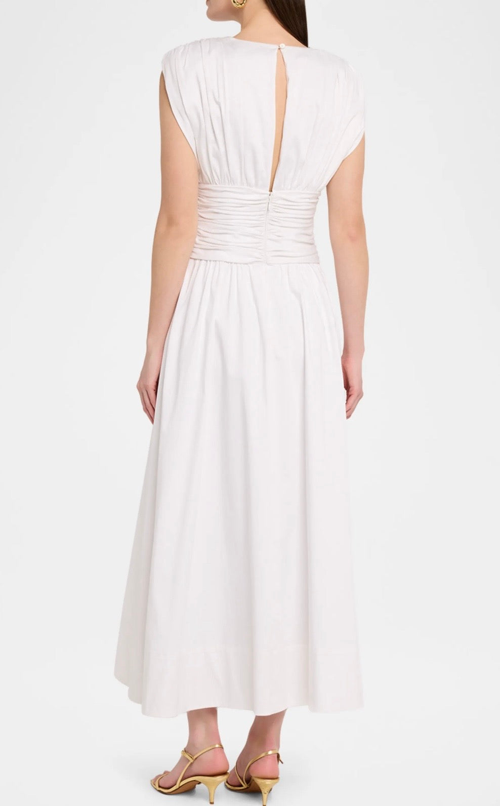 EVANGELINE STRONG SHOULDER RUCHED MIDI DRESS
