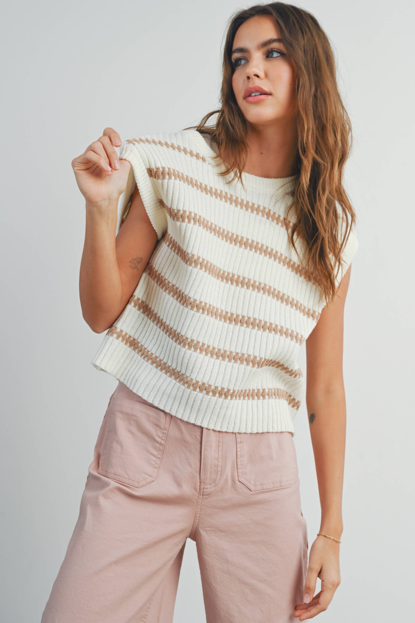 Crew Neck Striped Knit Tank Top