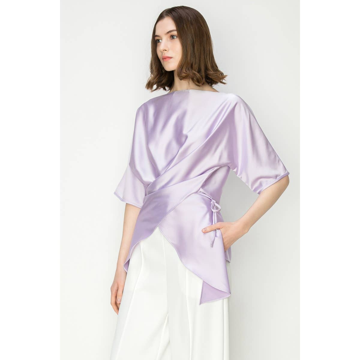 Satin Short Sleeve Side WrapTie Blouse