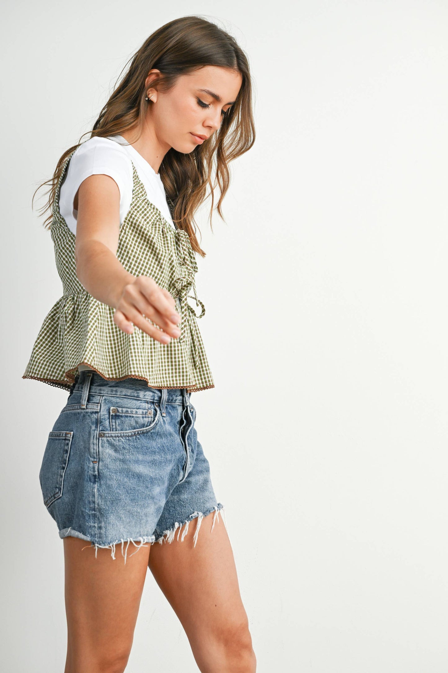 BUTTERMELON - Tie-Front Sleeveless Peplum Top - BMT7875 - BROWN MULTI / S