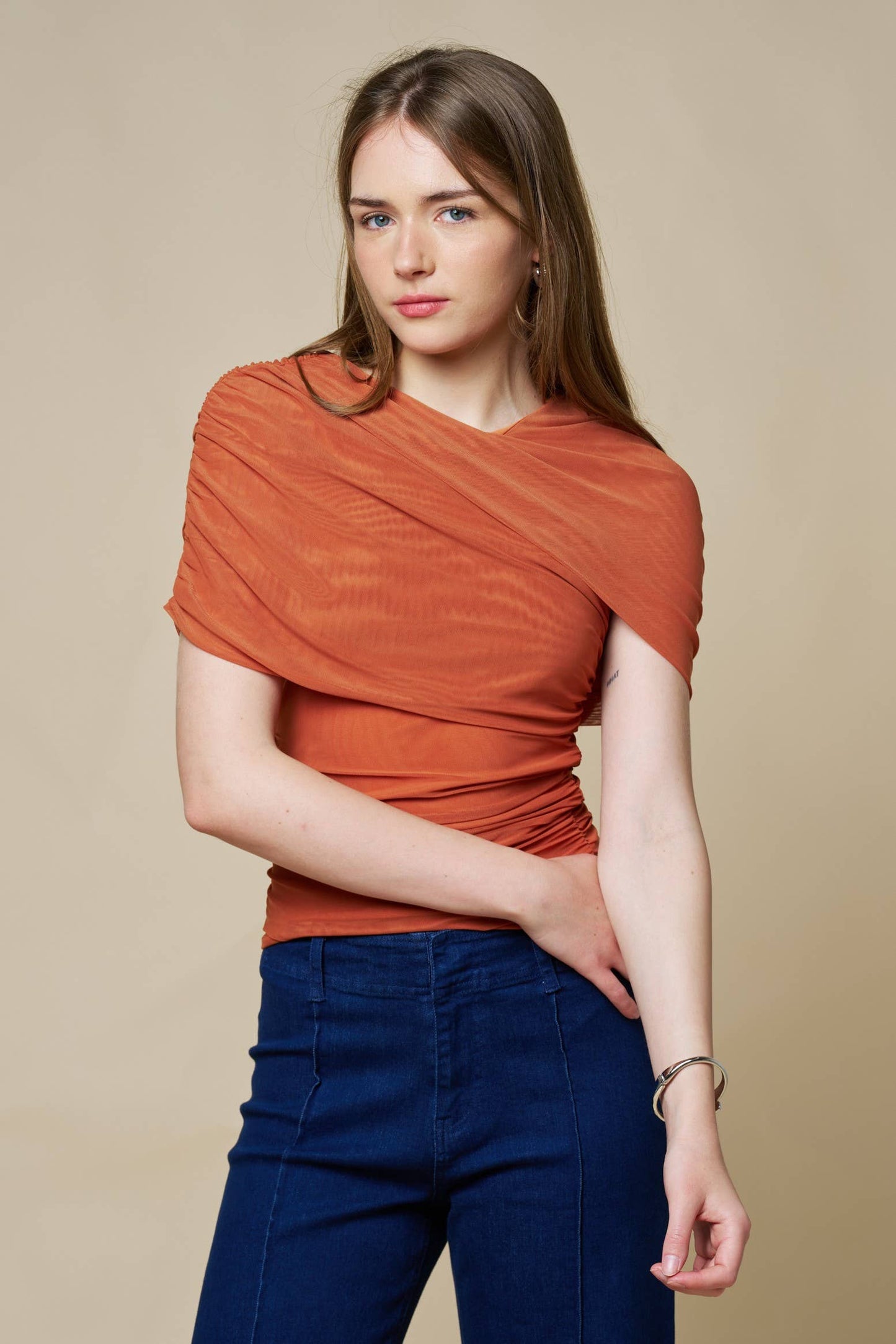 Lalavon - Asymmetrical Ruched Mesh Top  - CHAMBRAY / M